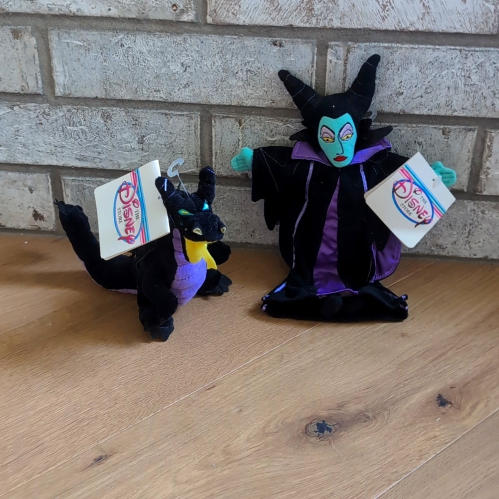 DISNEY MALEFICENT & DRAGON PLUSH BEAN BAG TOYS SLEEPING BEAUTY 10"